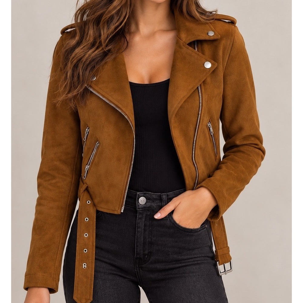 Forever 21 Womens Y2K Zip Up Cropped Belted Moto Biker Jacket Size S Brown Suede